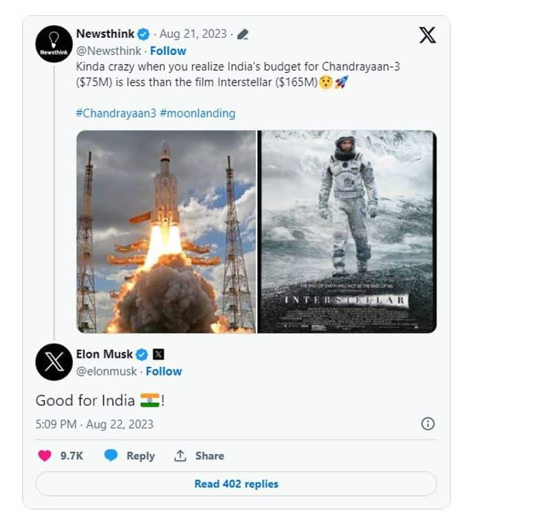 Tweet Claims Chandrayaan-3 Budget Less Than 'Interstellar', Elon Musk Reacts-sak