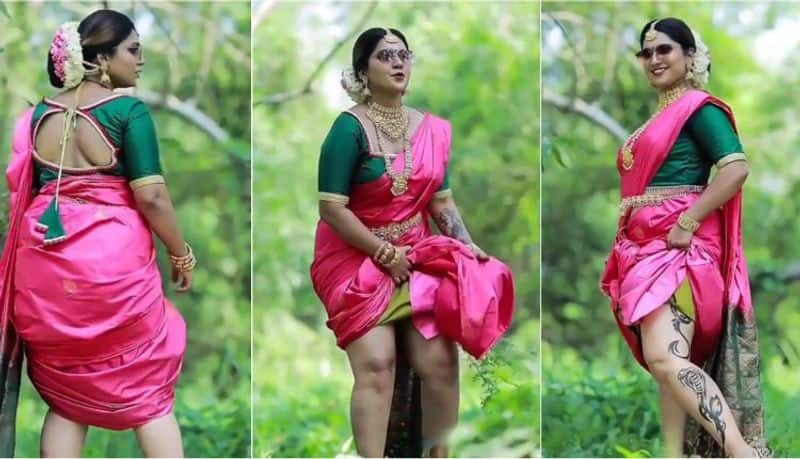 Bridal photo shoot with sari lifted and tied like panche; video goes viral Vin 