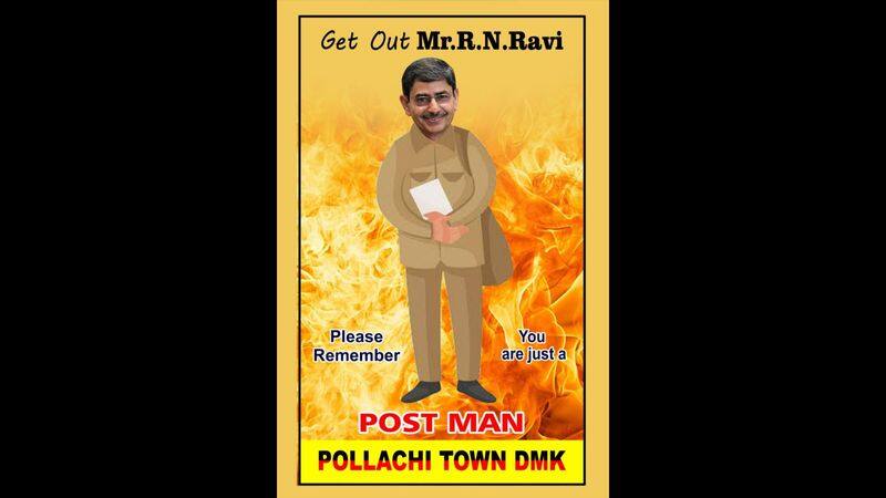 dmk person stick a poster against governor rn ravi in pollachi town area in coimbatore