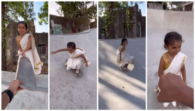 video of a five-year-old girl skating in a Kasavu saree has gone viral bkg 