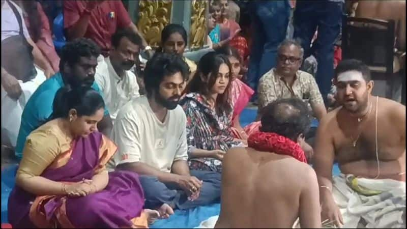 music director gv prakash special prayer with wife saindhavi at thirukadaiyur temple in mayiladuthurai district vel