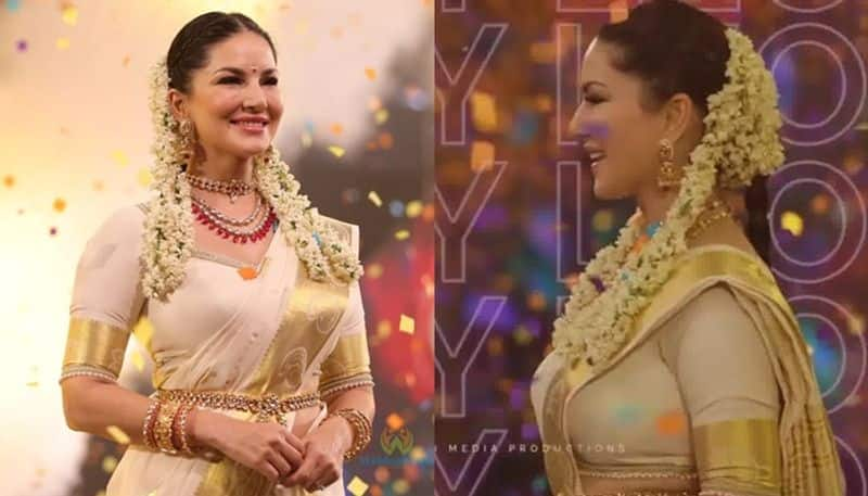 bollywood actress Sunny Leone embraces Kasavu saree look in Kozhikode san