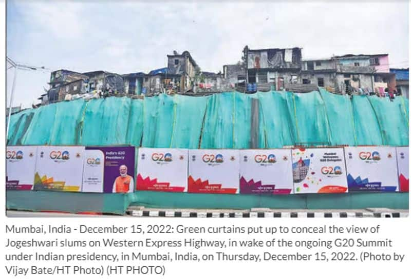 Banners and sheets to hide the Poverty fake image circulating during G20 Summit 2023 in delhi jje 