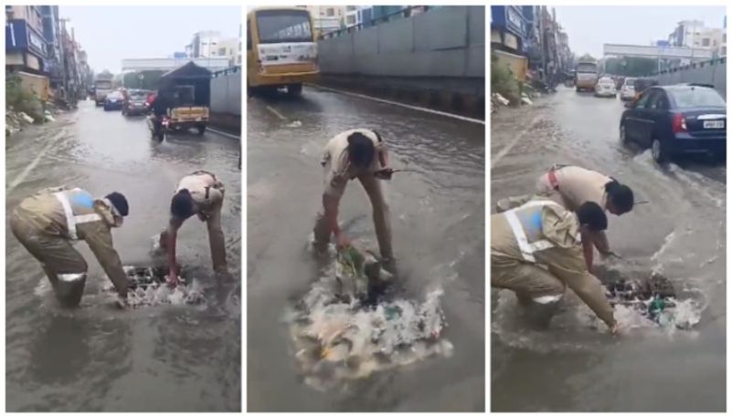 video of Woman police officer cleaned the canal by hand to remove the water log went viral bkg