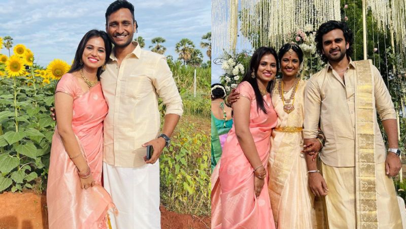 எல்லார் கண்ணும் இவங்க மேலதான்... தங்கச்சியின் திருமணத்தில் தகதகவென மின்னிய  ரம்யா பாண்டியன் - வைரல் கிளிக்ஸ் - Ramya Pandian Traditional saree photos  from her sister keerthi pandian wedding - Asianet News Tamil