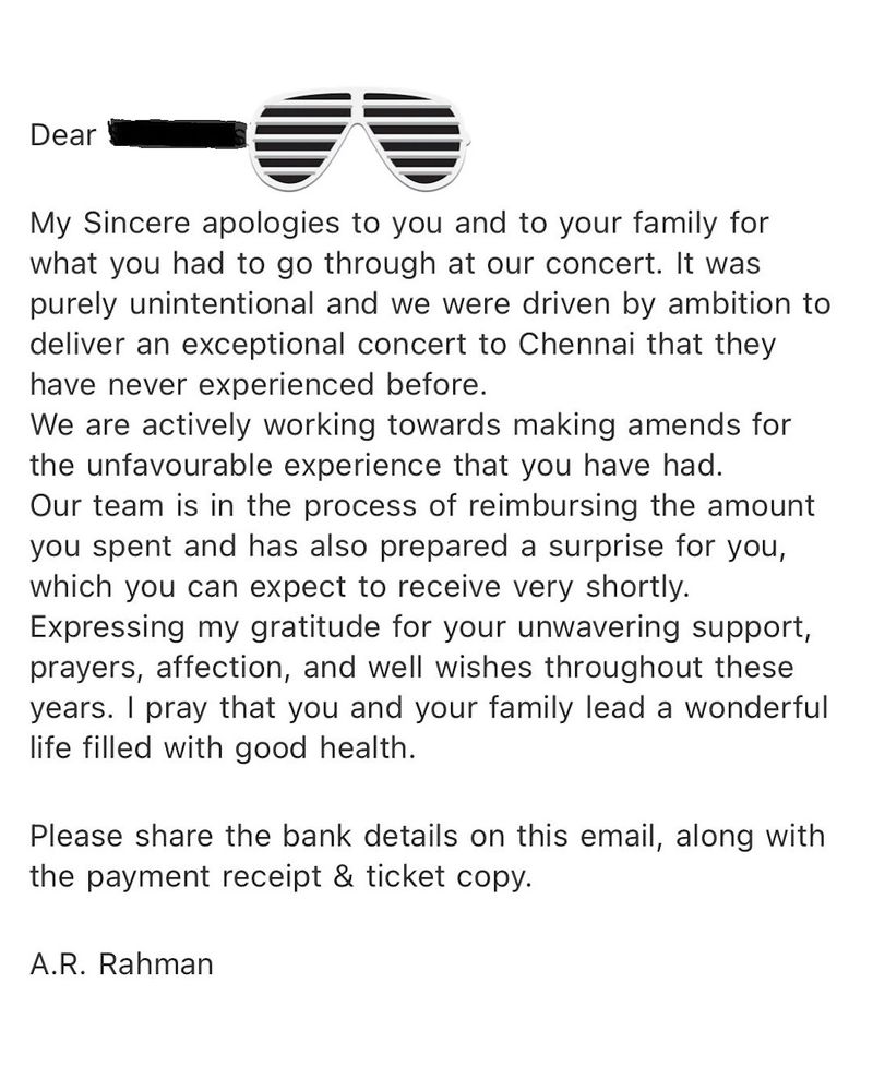 AR Rahman's team reaches out to people via E-mail who were denied entry at Chennai concert ADC