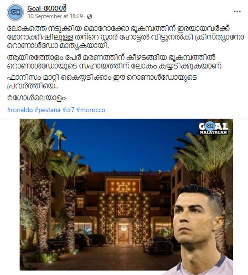 Cristiano Ronaldo Pestana CR7 Marrakech hotel offering shelter to Morocco earthquake victims news is fake jje