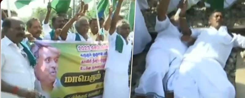 farmers train strike against karnataka government on cauvery issue in thiruvarur district vel