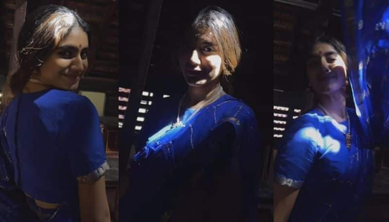 Actress Priya Prakash Varrier looks Beautiful in Blue Saree NSK