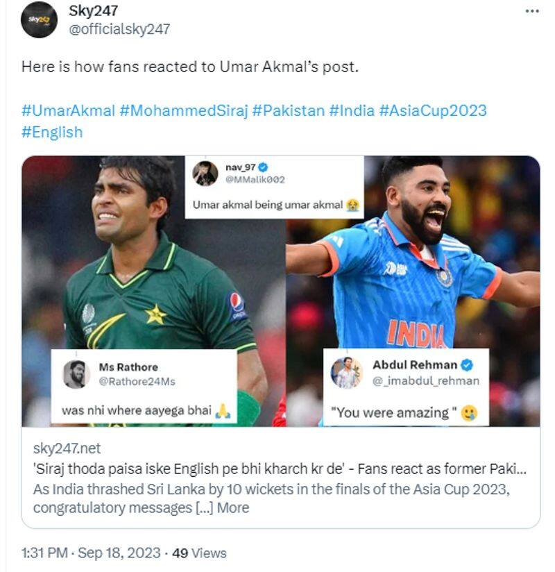 Where gone Umar Akmal tweet praises Mohammed Siraj for asia cup final heroism jje 