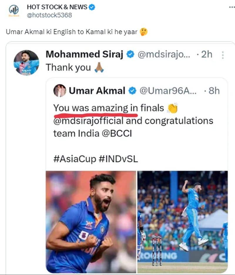 Where gone Umar Akmal tweet praises Mohammed Siraj for asia cup final heroism jje 