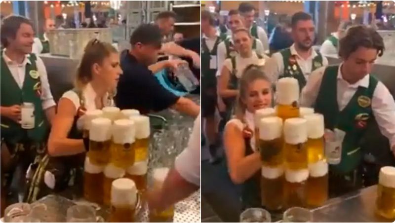 WATCH Oktoberfest Waitress carries 13 beer mugs at a time; leaves internet impressed snt