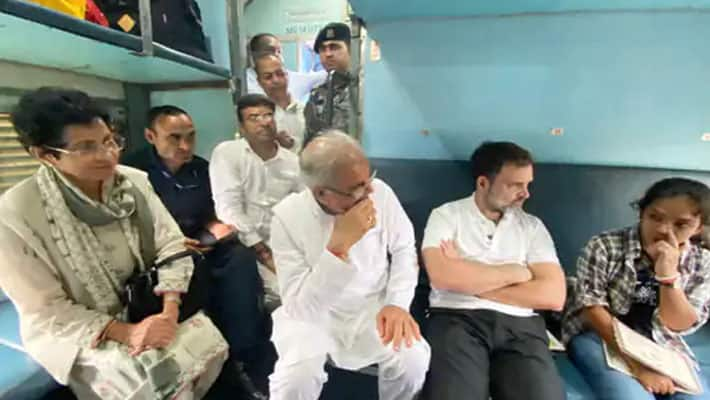 Rahul Gandhi Travels In Train After Launching Scheme In Chhattisgarh sgb