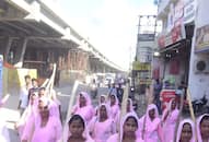 woman with pink saree are roaming in lucknow for women protection ZKAMN