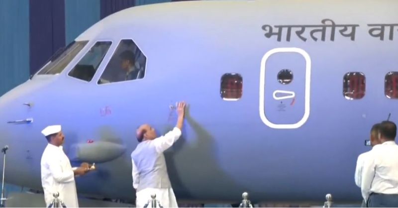 Spanish made C 295 aircraft inducted into the Indian Air Force Defence Minister Rajnath Singh painted the Swastik on it akb