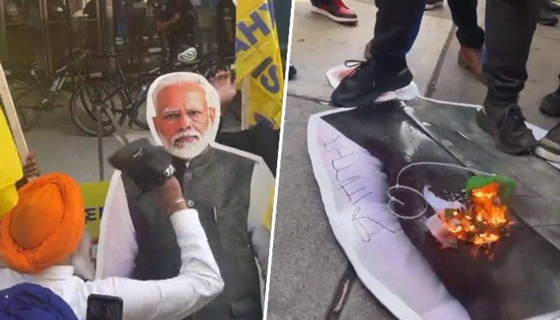 WATCH Pro-Khalistanis spit, smack shoe on PM Modi's effigy; burn tricolour outside Toronto's Indian consulate snt