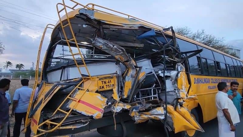 6 persons highly injured while lorry hit college bus in tirupur district vel