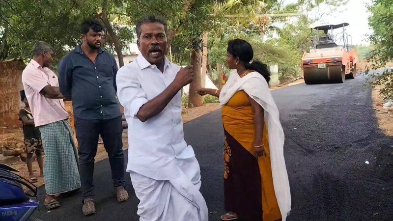 panchayat president lashing out at the villagers who asked them to build a quality road has created a sensation in theni vel