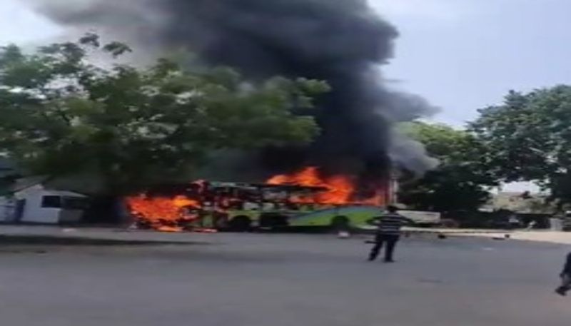 TSRTC Bus catches fire at korutla Bus depot ksm