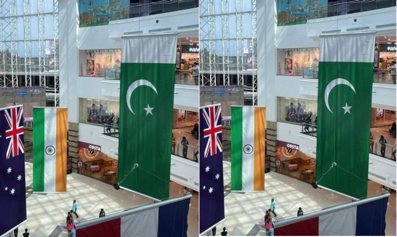 Pakistan Flag placed above Indian tricolour for ICC World cup 2023 in Kerala Lulu mall image viral ckm