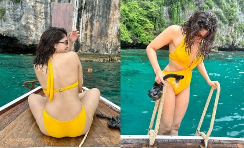 Sharvari Wagh spend time in Thailand beach with yellow monokini dress hot images goes viral ckm