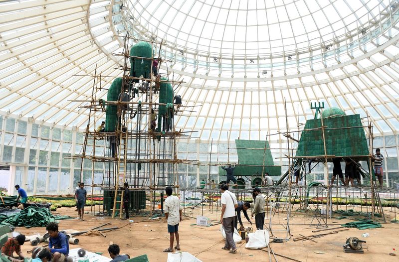 Dasara  fruit and flower display in  glass house: preparations are underway at Kuppanna Park snr