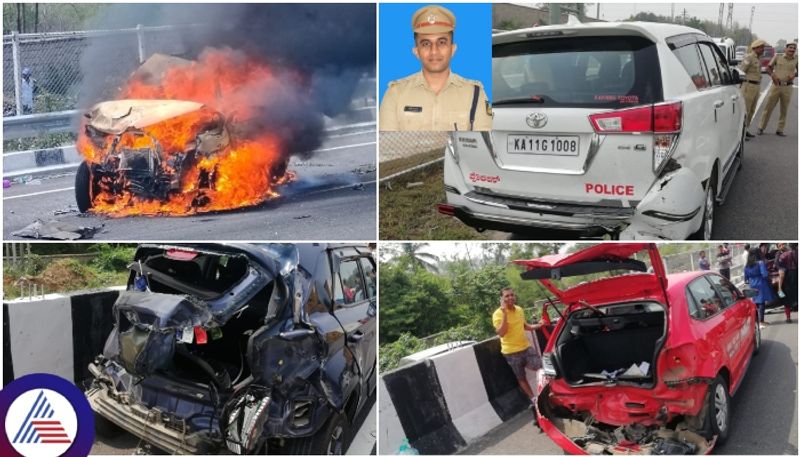 Bangalore Mysore expressway car burnt in accident Mandya SP Yatish escapes by hair breadth sat