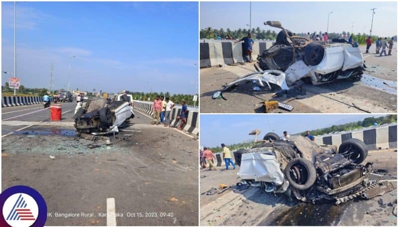 Horrible accident on Hoskote Doddaballapur road Car hit the divider and overturned sat