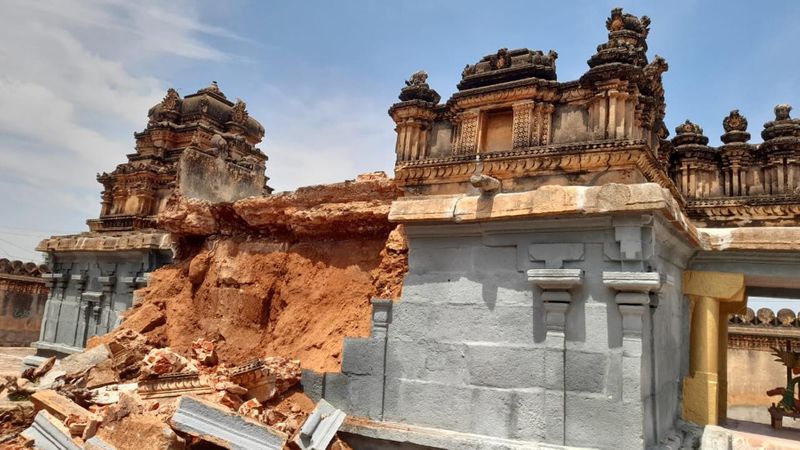 The wall of Sri Lakshmi Narayan Swamy temple collapsed due to rain  snr