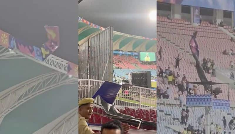 Dust storm during AUS vs SL World Cup 2023 Match  hoardings fall onto stands san