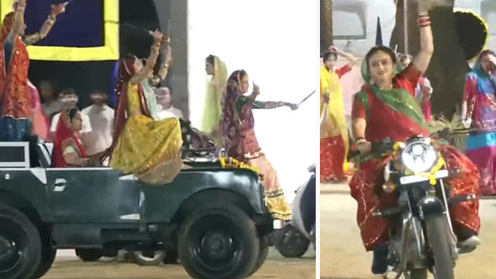 Gujarat women perform unique form of Garba dance in bikes and jeeps holding swords during Navratri prn