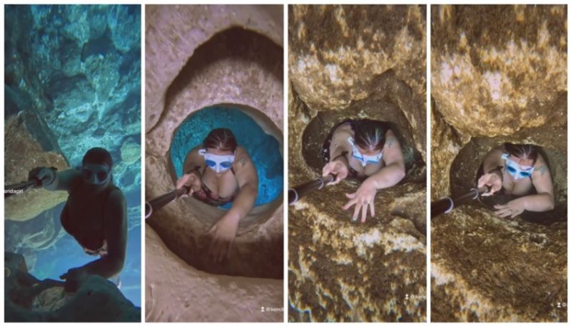 video of a young woman swimming in a very narrow under water cave has gone viral bkg