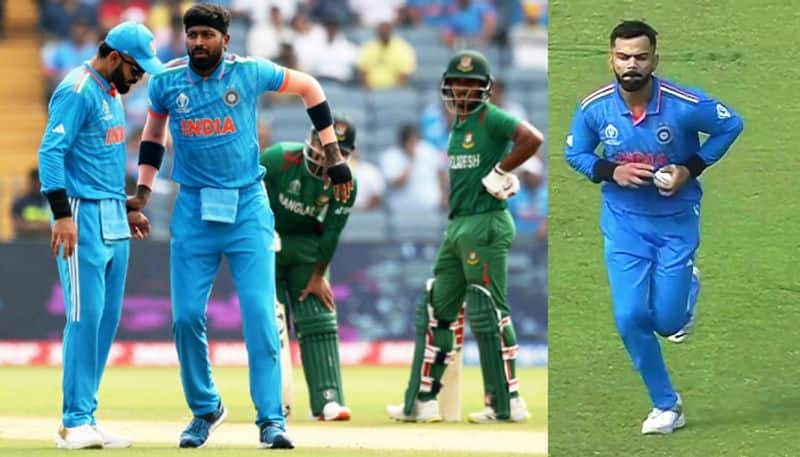 ICC World Cup 2023 Hardik Pandya Injured Virat Kohli Bowls Remaining Over against Bangladesh kvn