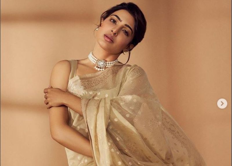 Actress samantha photo for Regal Odyssey Ivory Saree goes viral srb