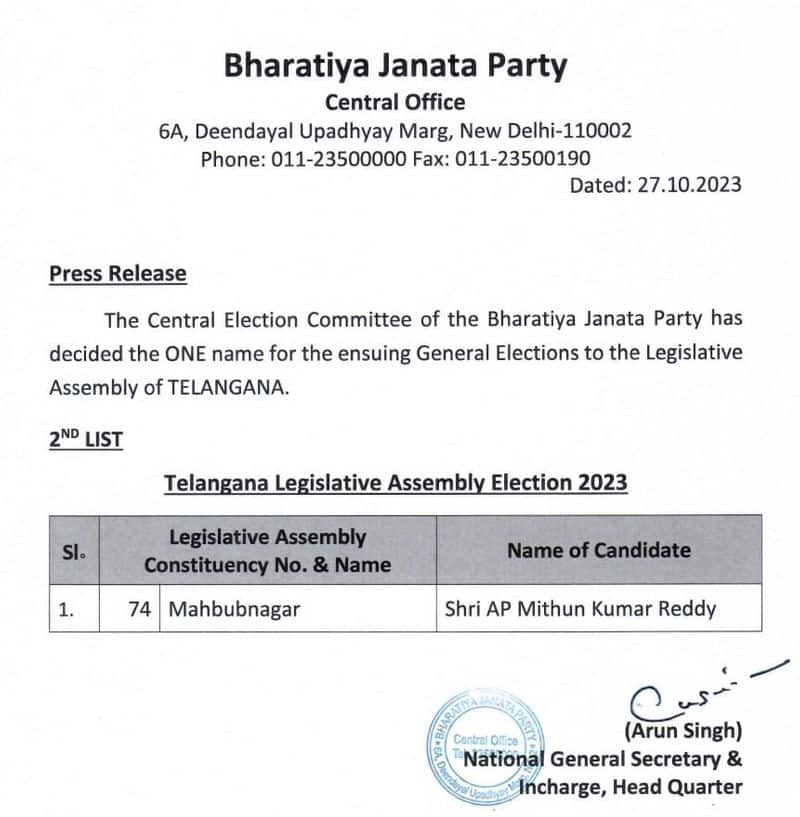 Telangana assembly Election 2023:BJP Releases Second list With only one candidate name lns