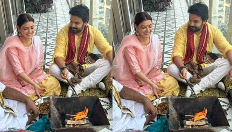 Kajal Aggarwal Home entrance pooja with her Family  NSK