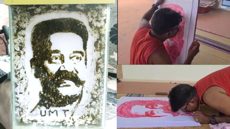 Kamalhaasan fan from coimbatore draw Indian 2 actor face by kisses using lipstick gan