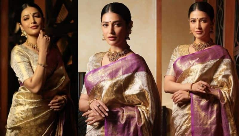 Shruti Haasan looks beautiful in Silk Saree and jewellery NSK