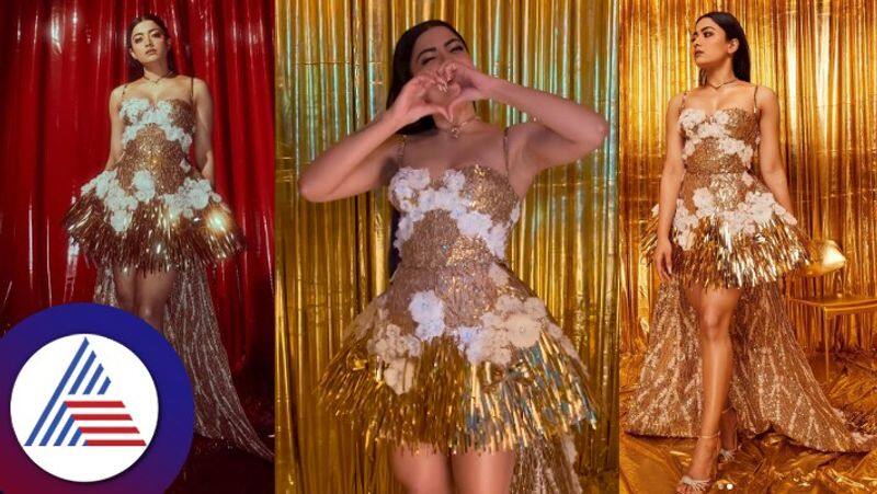 Actress Rashmika Mandanna Sparkles In A Golden Dress Goes Viral gvd