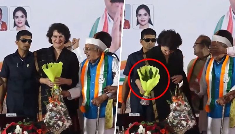 Strange experience for Priyanka Gandhi in Madhya Pradesh, given bouquet without flowers, Video goes viral - bsb