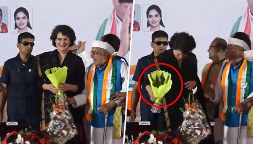 బొకే ఇచ్చాడు, పువ్వులు మరిచాడు.. మధ్యప్రదేశ్ లో ప్రియాంకగాంధీకి వింత అనుభవం... వీడియో వైరల్... 