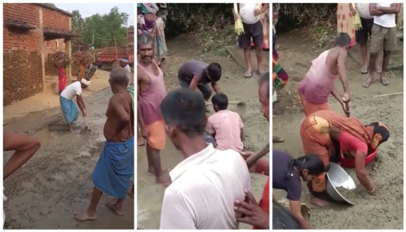 viral video of villagers carrying cement and construction materials for road construction to home bkg