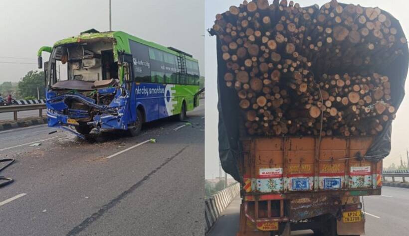 పల్నాడులో ట్రావెల్స్ బస్సు, కలప లారీ ఢీ...  ఎంత ఘోరమో చూడండి...