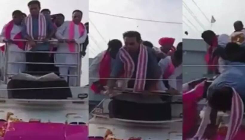 బీఆర్ఎస్ ర్యాలీలో అపశృతి  : ప్రచార వాహనం పై నుంచి పడిపోయిన కేటీఆర్‌ .. కాస్తలో తప్పిపోయిందిగా 