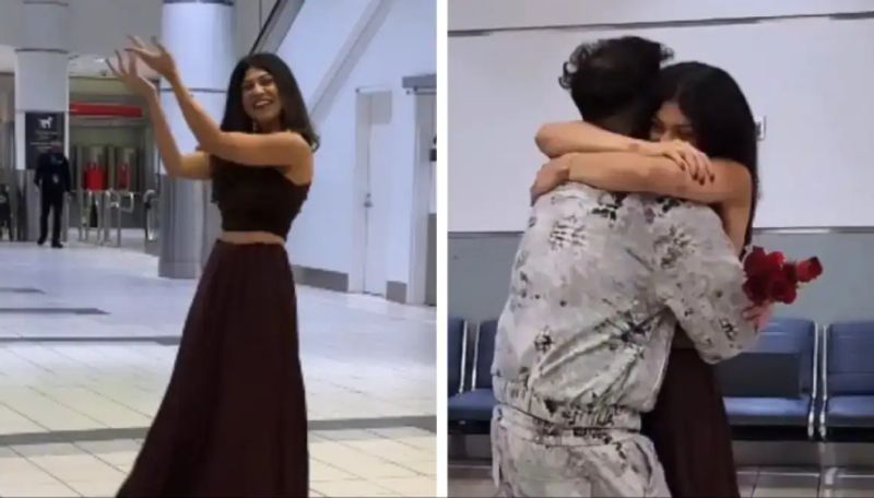 Women Surprise her boy friend in Canada Airport video went viral in internet ans