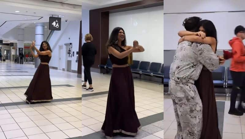 woman meets boyfriend after 5 years she dances at airport viral video SSM