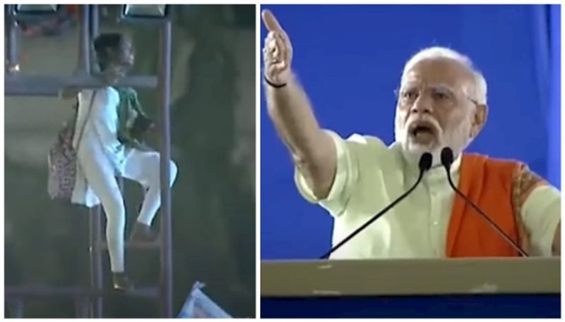 girl climbed on to a light tower while pm narendra modi speaking in telangana kms