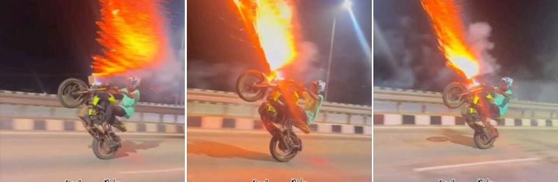 Dangerous stunts with firecrackers attached to the bike.. The video went viral..ISR