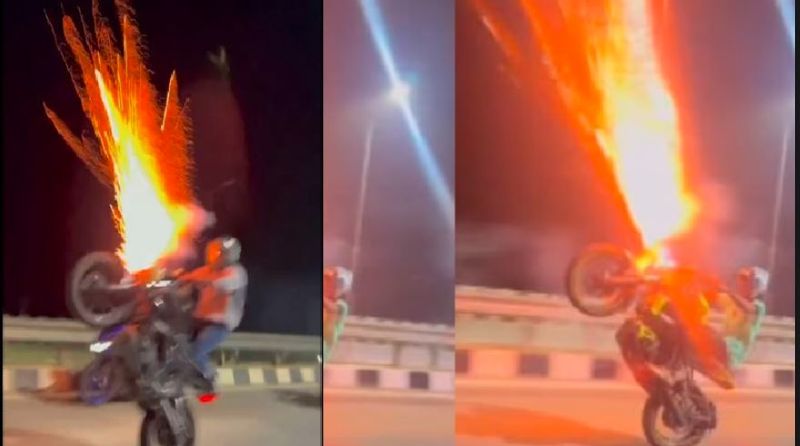 Tamilnadu Bike stunt with fire crackers Dangerous and Horrifying stunt video goes viral police arrested Biker in Trichy akb