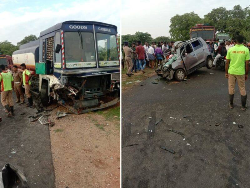 Five people died after the car in which they were travelling collided head on with a truck in tirupur district vel